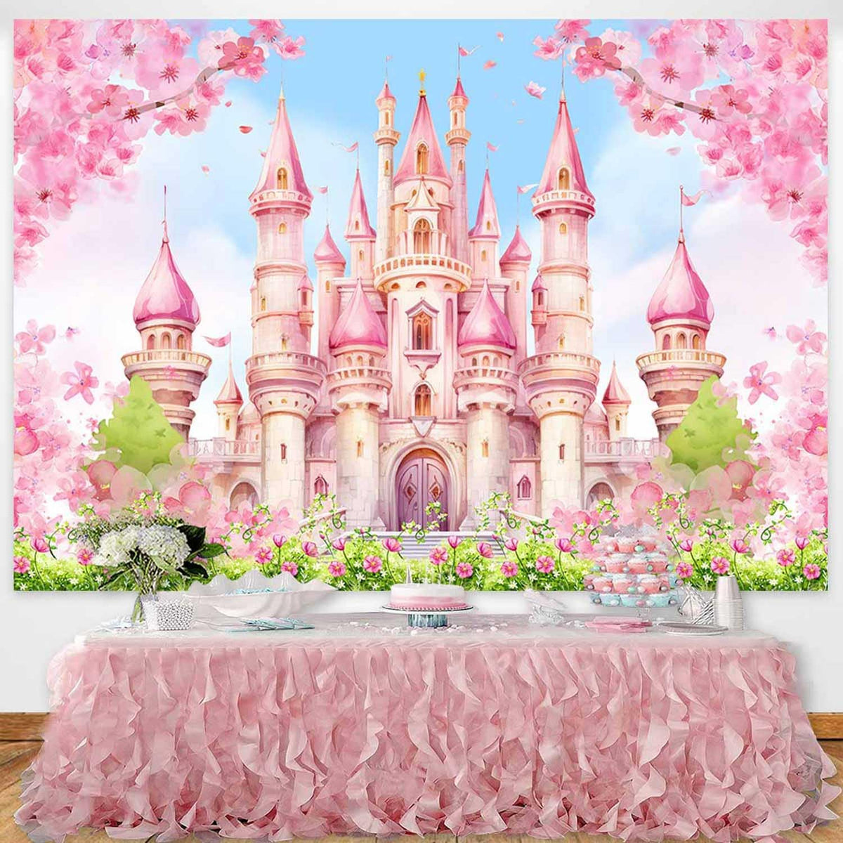Princess Castle Birthday Backdrop Pastle Pink Sakura Floral Photography Background Fantasy Fairy Tale Princess Birthday Baby Shower Party Decorations Banner Photo Booth Props 7x5ft