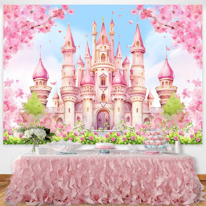 Princess Castle Birthday Backdrop Pastle Pink Sakura Floral Photography Background Fantasy Fairy Tale Princess Birthday Baby Shower Party Decorations Banner Photo Booth Props 7x5ft