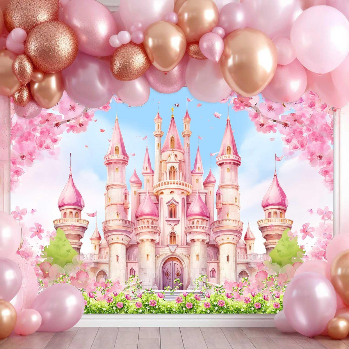 Princess Castle Birthday Backdrop Pastle Pink Sakura Floral Photography Background Fantasy Fairy Tale Princess Birthday Baby Shower Party Decorations Banner Photo Booth Props 7x5ft