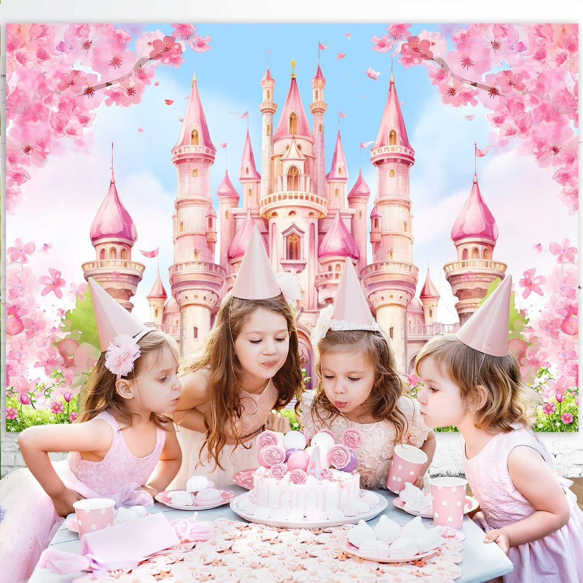 Princess Castle Birthday Backdrop Pastle Pink Sakura Floral Photography Background Fantasy Fairy Tale Princess Birthday Baby Shower Party Decorations Banner Photo Booth Props 7x5ft