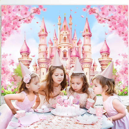 Princess Castle Birthday Backdrop Pastle Pink Sakura Floral Photography Background Fantasy Fairy Tale Princess Birthday Baby Shower Party Decorations Banner Photo Booth Props 7x5ft