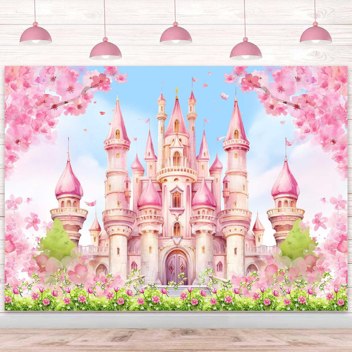 Princess Castle Birthday Backdrop Pastle Pink Sakura Floral Photography Background Fantasy Fairy Tale Princess Birthday Baby Shower Party Decorations Banner Photo Booth Props 7x5ft