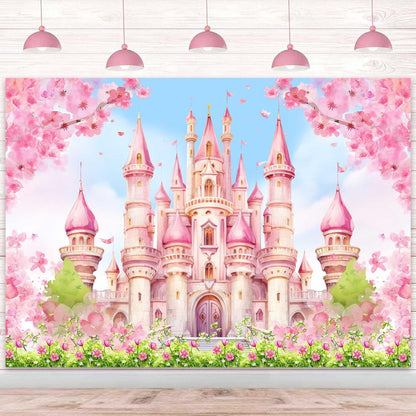 Princess Castle Birthday Backdrop Pastle Pink Sakura Floral Photography Background Fantasy Fairy Tale Princess Birthday Baby Shower Party Decorations Banner Photo Booth Props 7x5ft