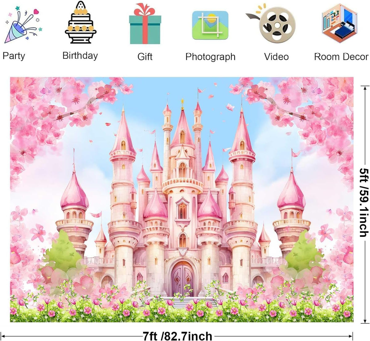 Princess Castle Birthday Backdrop Pastle Pink Sakura Floral Photography Background Fantasy Fairy Tale Princess Birthday Baby Shower Party Decorations Banner Photo Booth Props 7x5ft