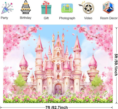 Princess Castle Birthday Backdrop Pastle Pink Sakura Floral Photography Background Fantasy Fairy Tale Princess Birthday Baby Shower Party Decorations Banner Photo Booth Props 7x5ft