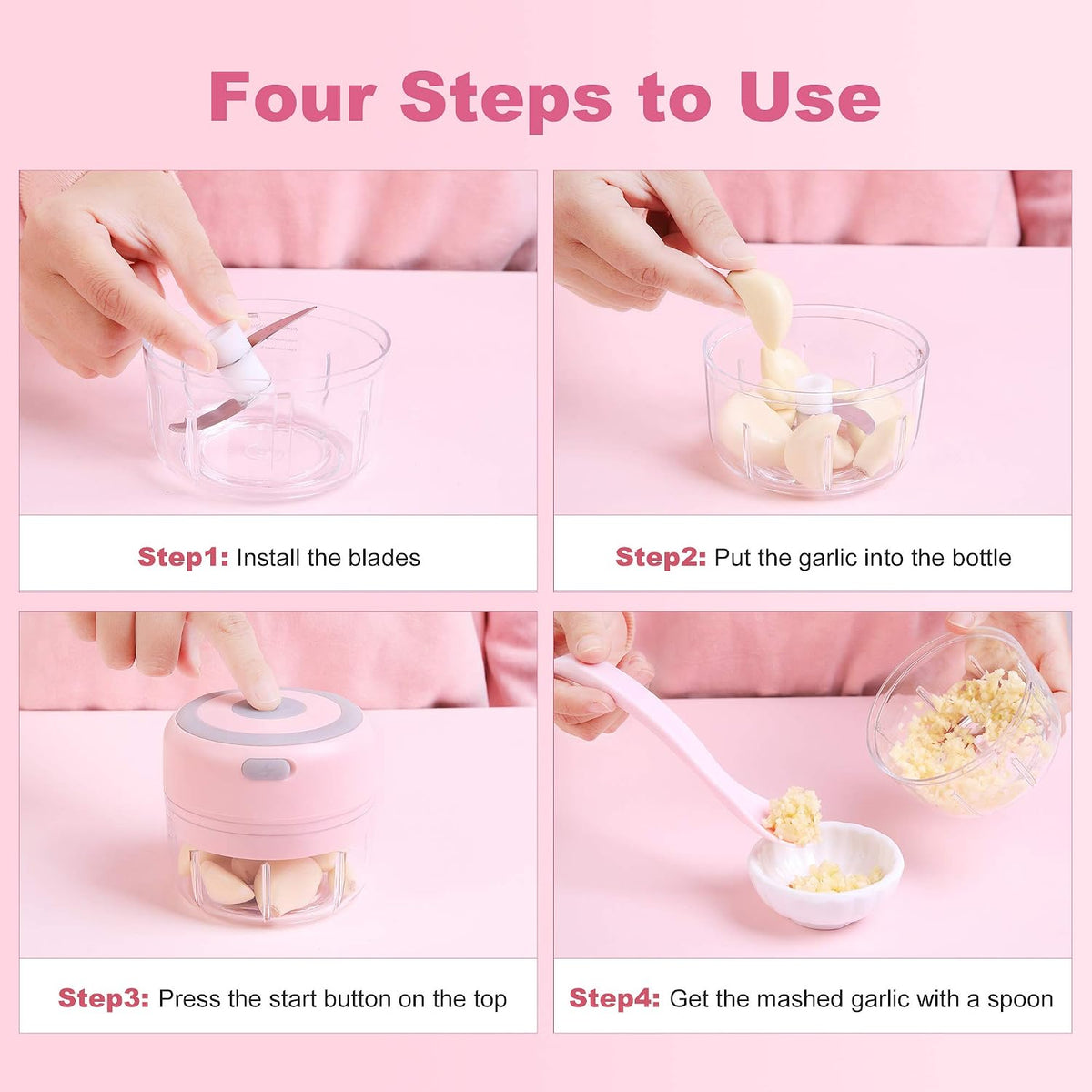 DAHOKO Electric Mini Garlic Chopper [Portable, Wireless, 100ml] Mini Electric Chopper with Spoon, Electric Food Chopper Tool, Mini Chopper for Mashing Onion, Garlic, Chili, Peppers, Nuts(Pink)