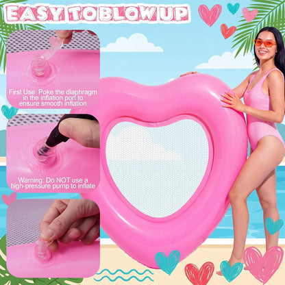 1/2 Pcs 58x58'' Inflatable Heart Pool Float Mesh Bottom Pink