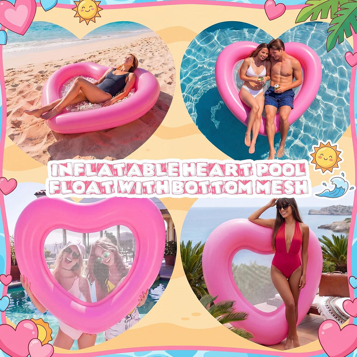 1/2 Pcs 58x58'' Inflatable Heart Pool Float Mesh Bottom Pink
