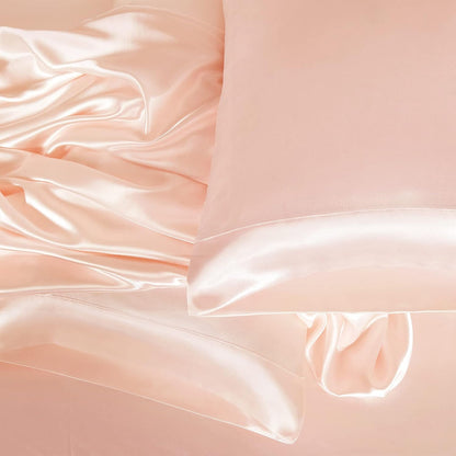 Luxury Satin Silk Sheet Set – Ultra Soft & Silky Cooling Bed Sheets for Hot Sleepers – 4-Piece 18" Deep Pocket Bedding Set – Wrinkle-Free, Fade-Resistant, Breathable Queen Size Peach
