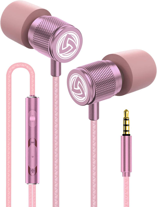 Ultra Wired Earbuds in-Ear Headphones, 5 Years Warranty, Earphones with Microphone, Noise Isolating Ear Buds, Memory Foam for iPhone, Samsung, School Students, Kids, Women, Small Ears - Pink