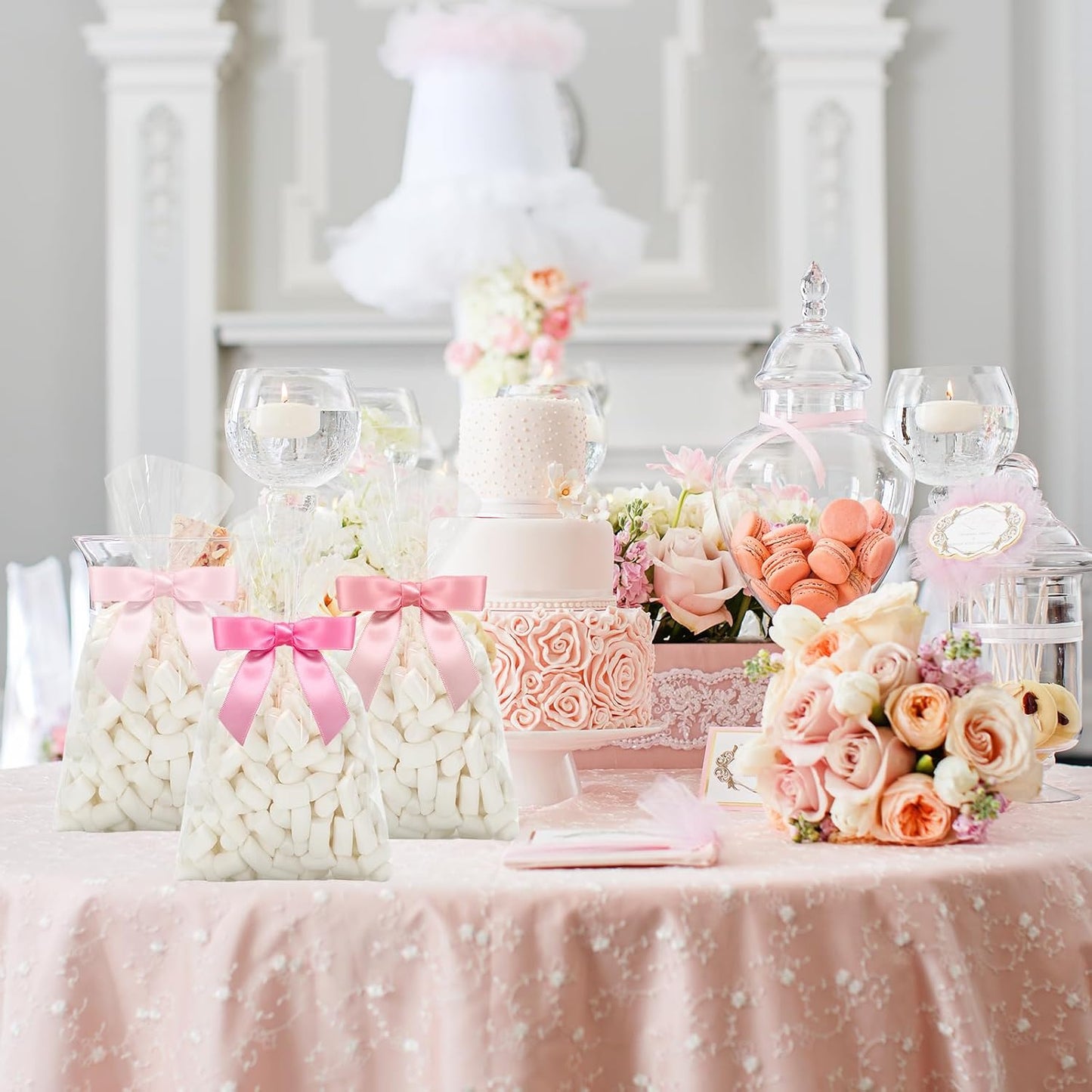 50Pcs Clear Cellophane Bags with Satin Pink Bow Twist Ties Coquette Plastic Treat Candy Goodie Bags for Wedding Home Party Sweet Snack Cookie Packing