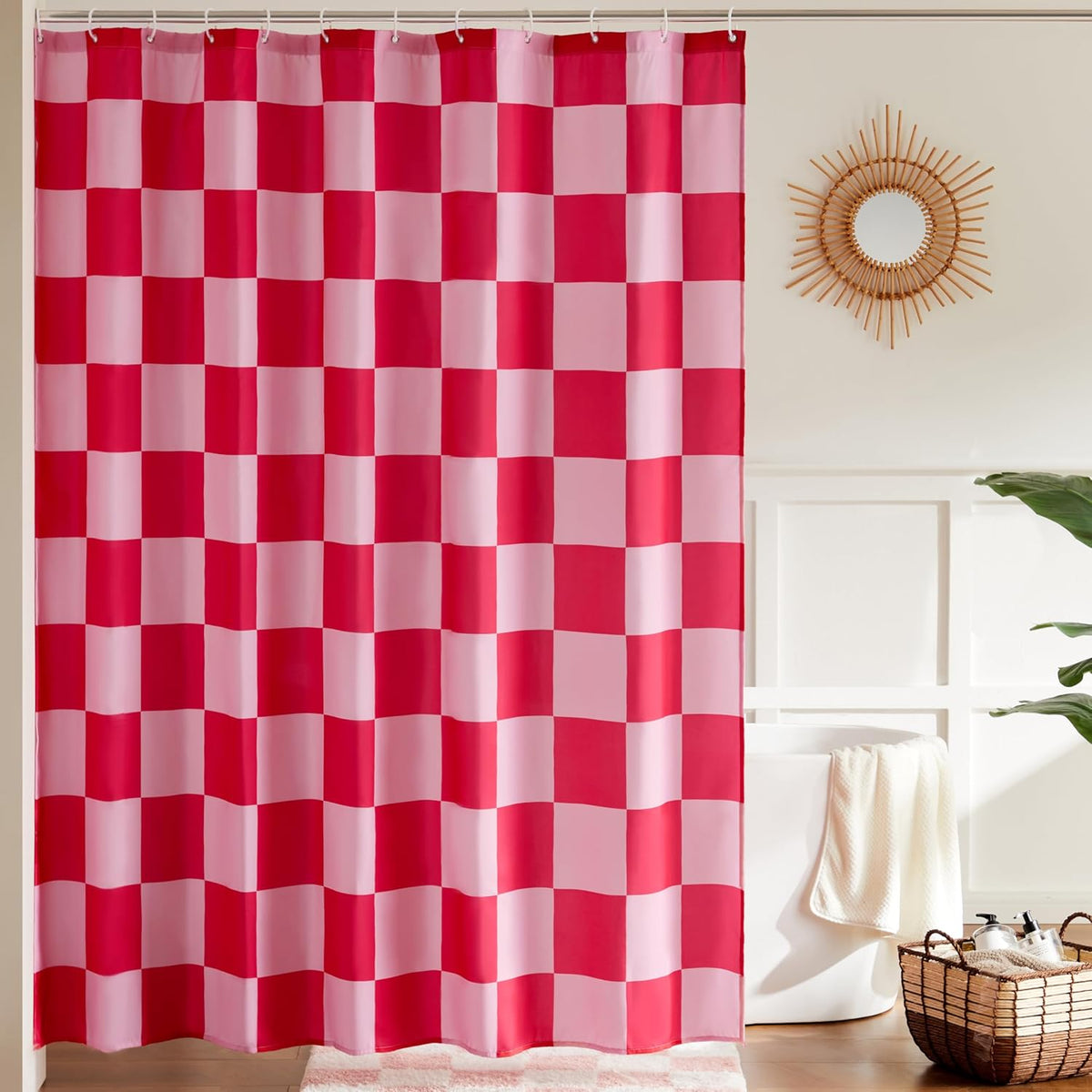 Checkered Shower Curtain, Double Pink Plaid Shower Curtains for Bathroom, Cute Retro Checkboard Shower Curtain Vintage Aesthetic, Washable Fabric Bath Curtain 72''x72''