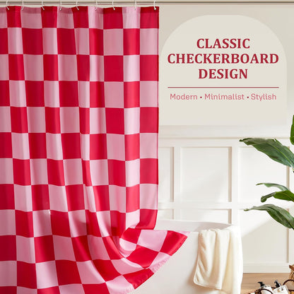 Checkered Shower Curtain, Double Pink Plaid Shower Curtains for Bathroom, Cute Retro Checkboard Shower Curtain Vintage Aesthetic, Washable Fabric Bath Curtain 72''x72''