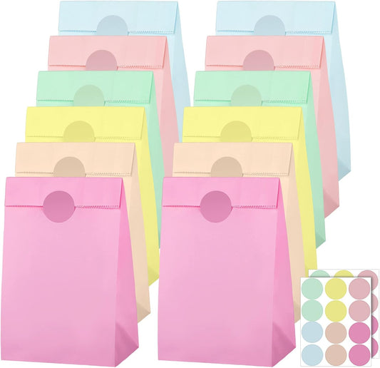 30 Pack Pastel Gift Candy Paper Bags with Stickers 5.1 x 3.1 x 9.4 Inches Snack Sweet Craft Bags for Birthday Wedding Party Anniversaries with 48 Stickers