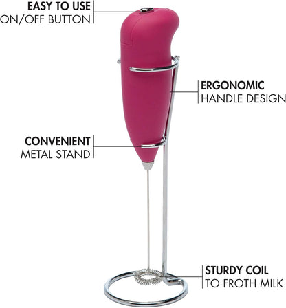 Milk Frother With Stand, Handheld Whisk, Drink Foamer, Mini Blender Mixer For Coffee, Frappe, Bulletproof, Matcha, Espresso. Battery Operated, Easy To Clean And Use, Pink