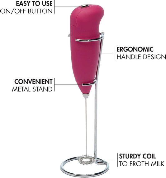 Milk Frother With Stand, Handheld Whisk, Drink Foamer, Mini Blender Mixer For Coffee, Frappe, Bulletproof, Matcha, Espresso. Battery Operated, Easy To Clean And Use, Pink