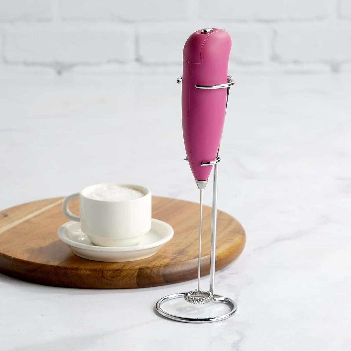 Milk Frother With Stand, Handheld Whisk, Drink Foamer, Mini Blender Mixer For Coffee, Frappe, Bulletproof, Matcha, Espresso. Battery Operated, Easy To Clean And Use, Pink