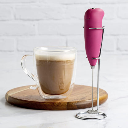 Milk Frother With Stand, Handheld Whisk, Drink Foamer, Mini Blender Mixer For Coffee, Frappe, Bulletproof, Matcha, Espresso. Battery Operated, Easy To Clean And Use, Pink