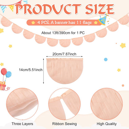 4 Pack Peach Scallop Pennant Banner Each 13 Inch Princess Birthday Party Garland Banner Princess Garland with Extra Rope for Peach Wedding Birthday Party Decorations 52 Inch in Total