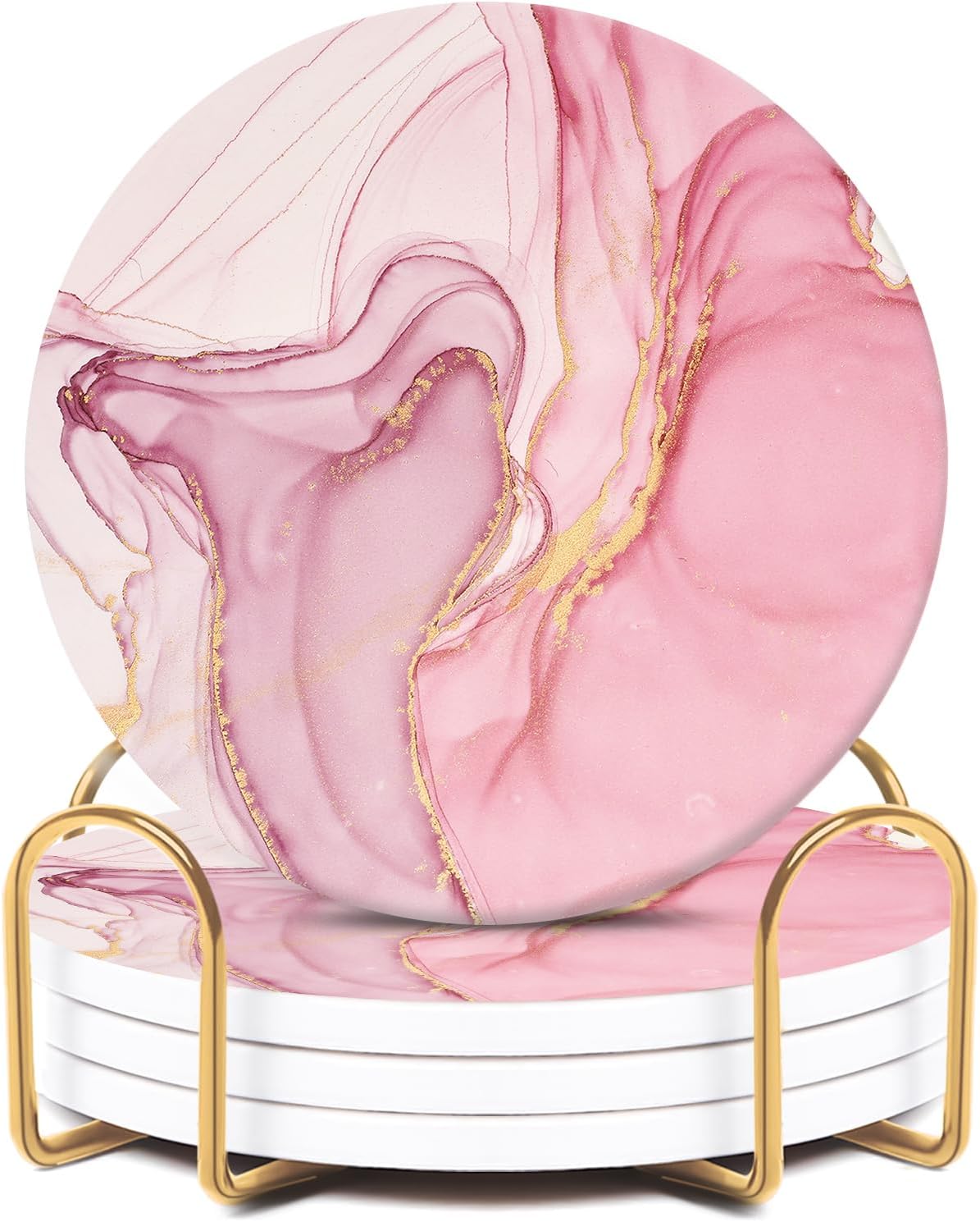 Cute Pink Absorbent Coasters Set of 4, Ceramic Coasters with Gold Holder
