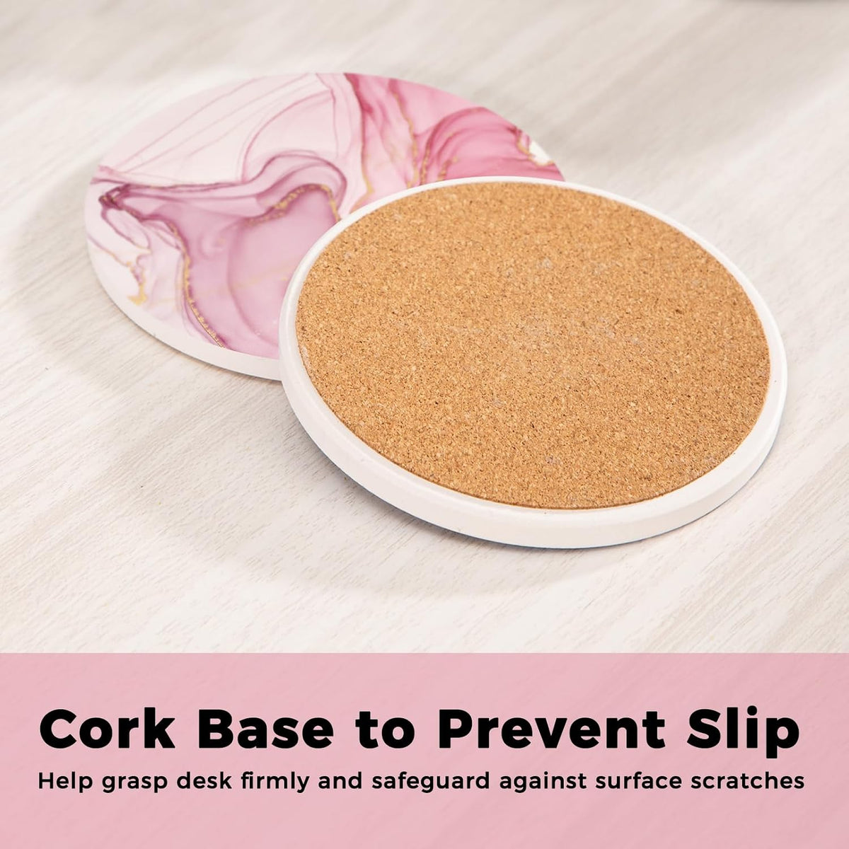 Cute Pink Absorbent Coasters Set of 4, Ceramic Coasters with Gold Holder