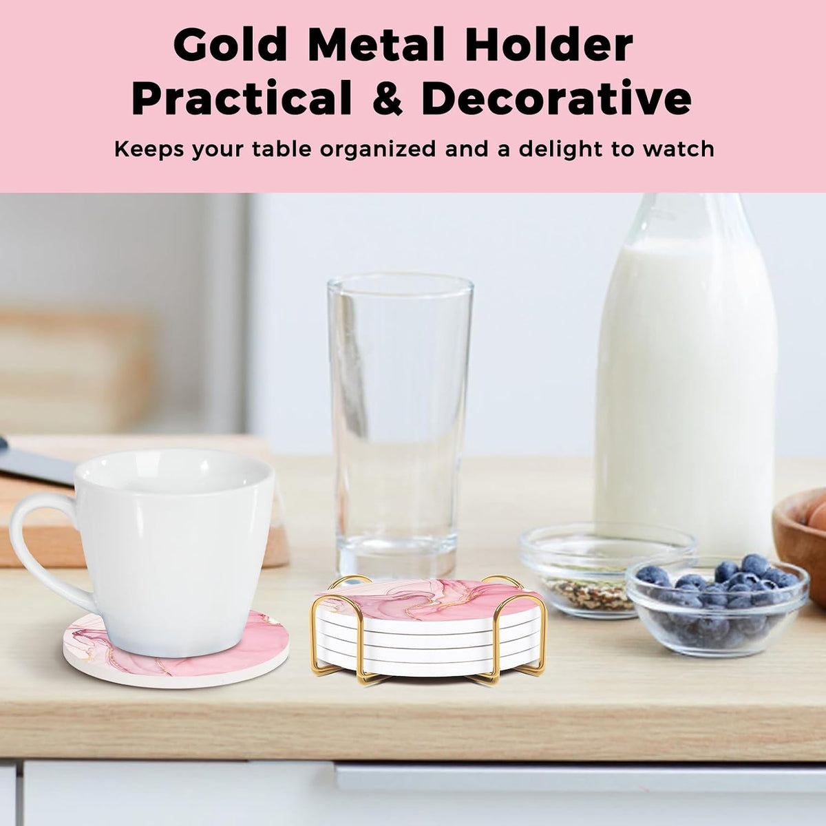 Cute Pink Absorbent Coasters Set of 4, Ceramic Coasters with Gold Holder