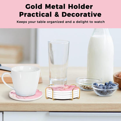 Cute Pink Absorbent Coasters Set of 4, Ceramic Coasters with Gold Holder