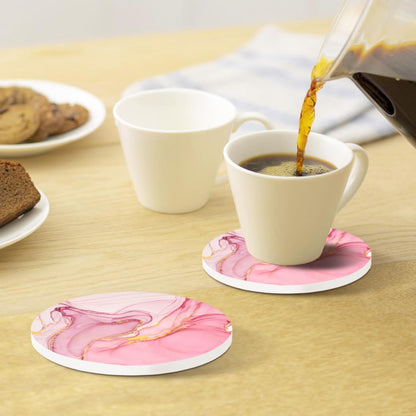 Cute Pink Absorbent Coasters Set of 4, Ceramic Coasters with Gold Holder