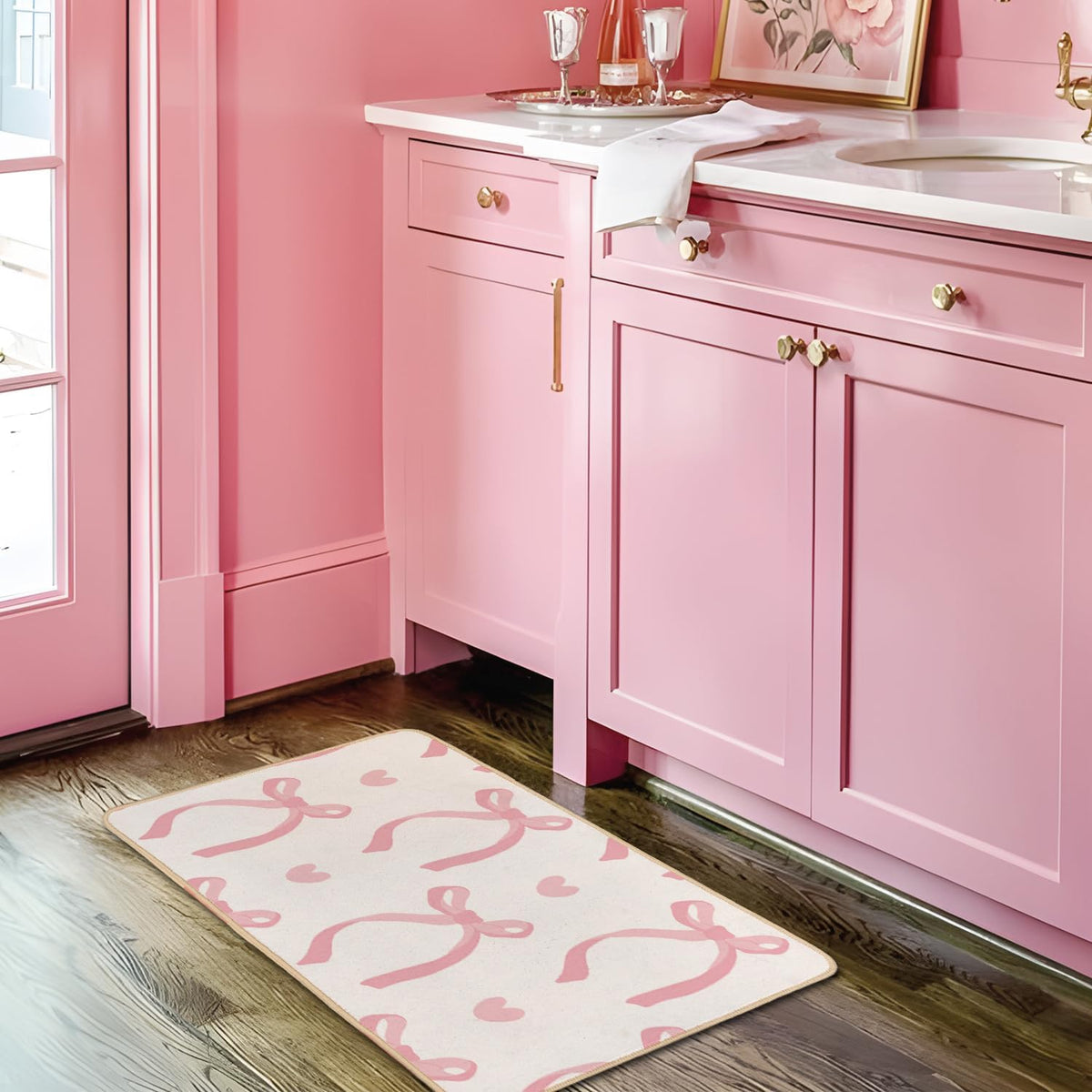 Cute Coquette Pink Bow Welcome Mat for Girls Bedroom Bathroom Decor