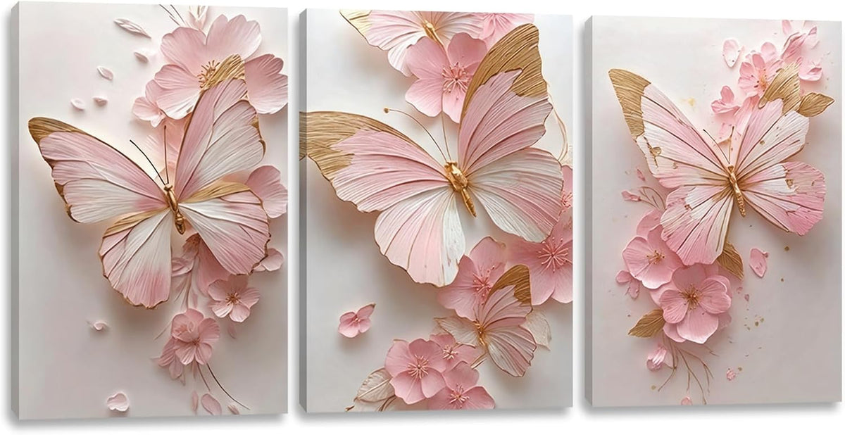 Pormipone Pink Butterfly Canvas Wall Art Prints Set of 3 12x16 Framed