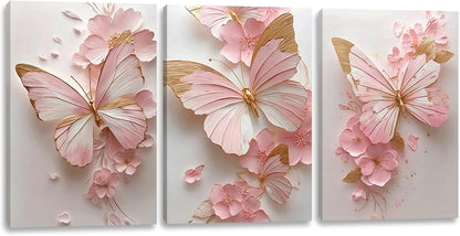Pormipone Pink Butterfly Canvas Wall Art Prints Set of 3 12x16 Framed