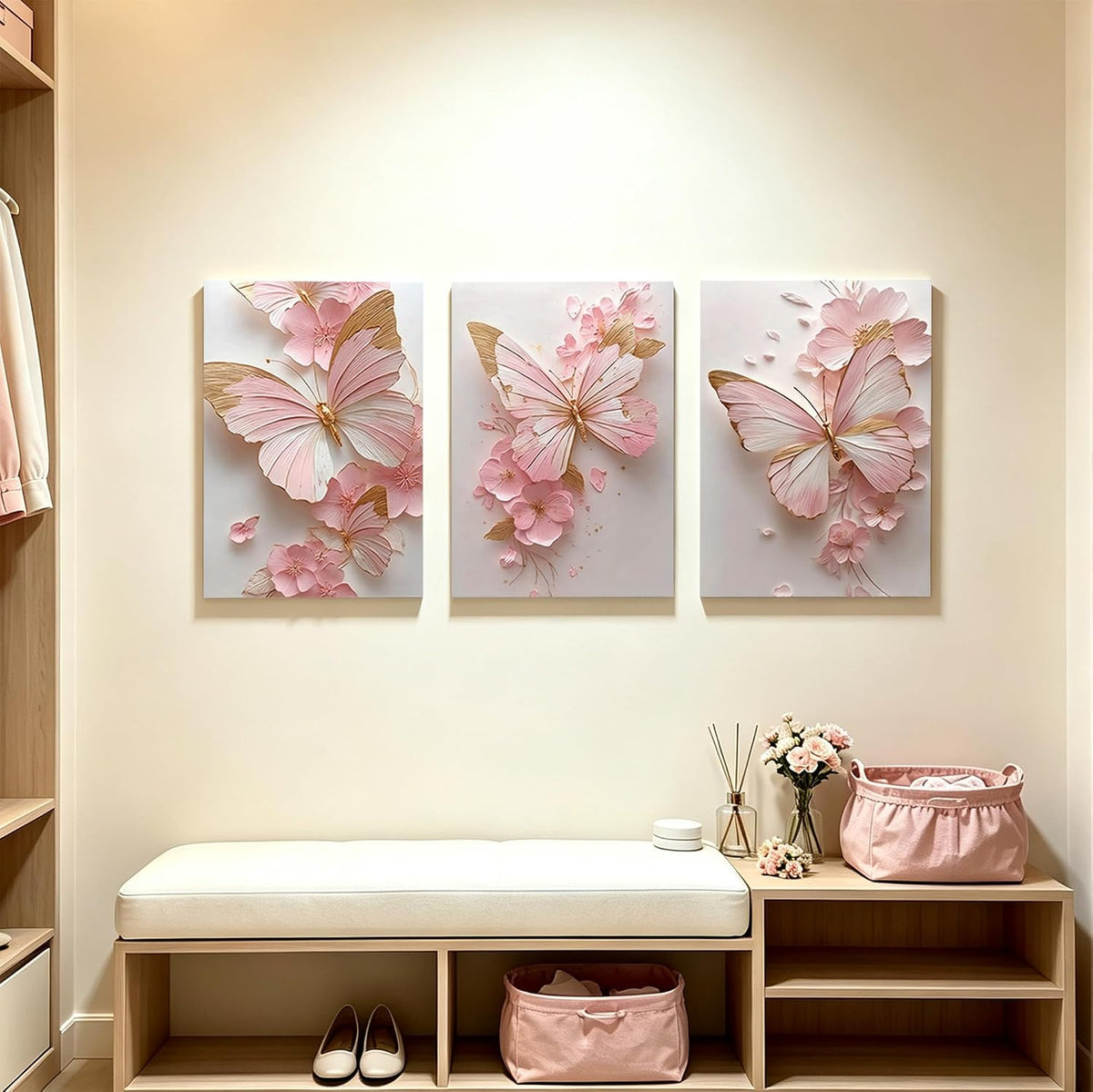 Pormipone Pink Butterfly Canvas Wall Art Prints Set of 3 12x16 Framed