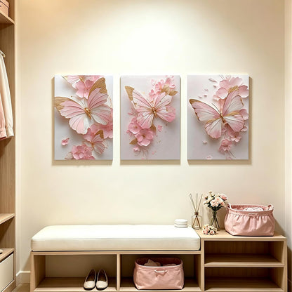 Pormipone Pink Butterfly Canvas Wall Art Prints Set of 3 12x16 Framed