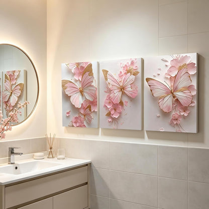 Pormipone Pink Butterfly Canvas Wall Art Prints Set of 3 12x16 Framed