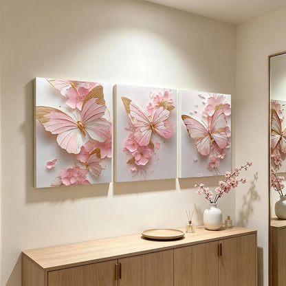 Pormipone Pink Butterfly Canvas Wall Art Prints Set of 3 12x16 Framed