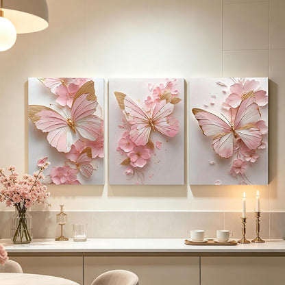 Pormipone Pink Butterfly Canvas Wall Art Prints Set of 3 12x16 Framed