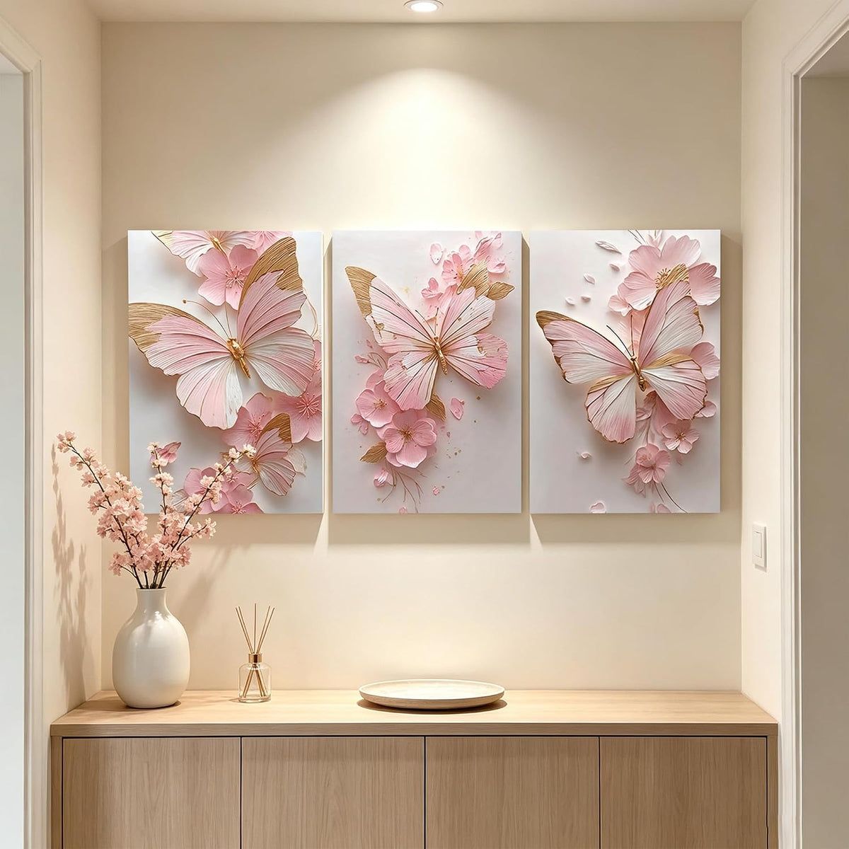 Pormipone Pink Butterfly Canvas Wall Art Prints Set of 3 12x16 Framed