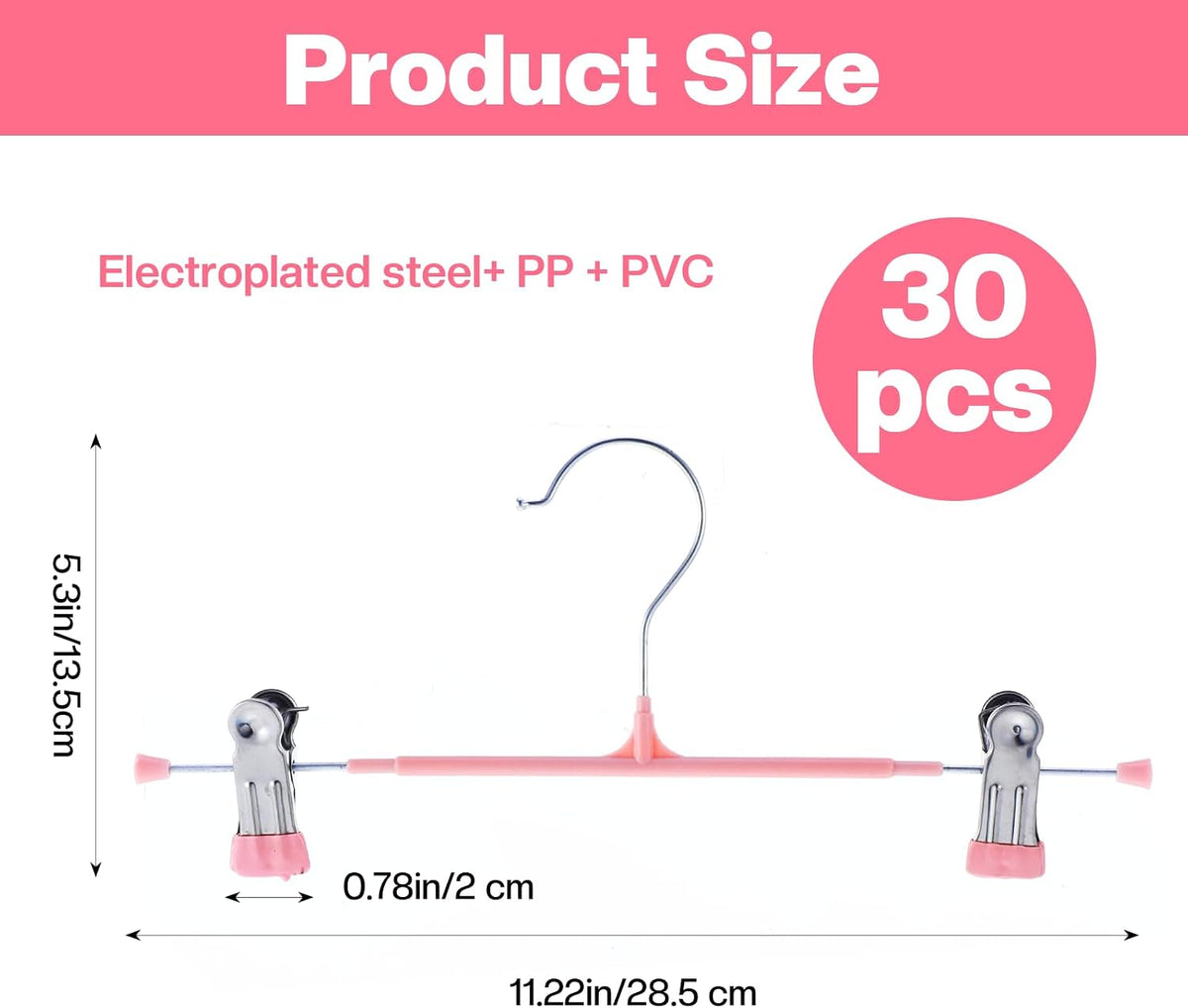 30Pcs Pants Hangers with Clips, Adjustable Skirt Hangers, Non-Slip Trousers Hanger, 360 ° Swivel Space Saving Hooks, Clothes Clips for Pants, Skirts, Clothes, Jeans (Pink)