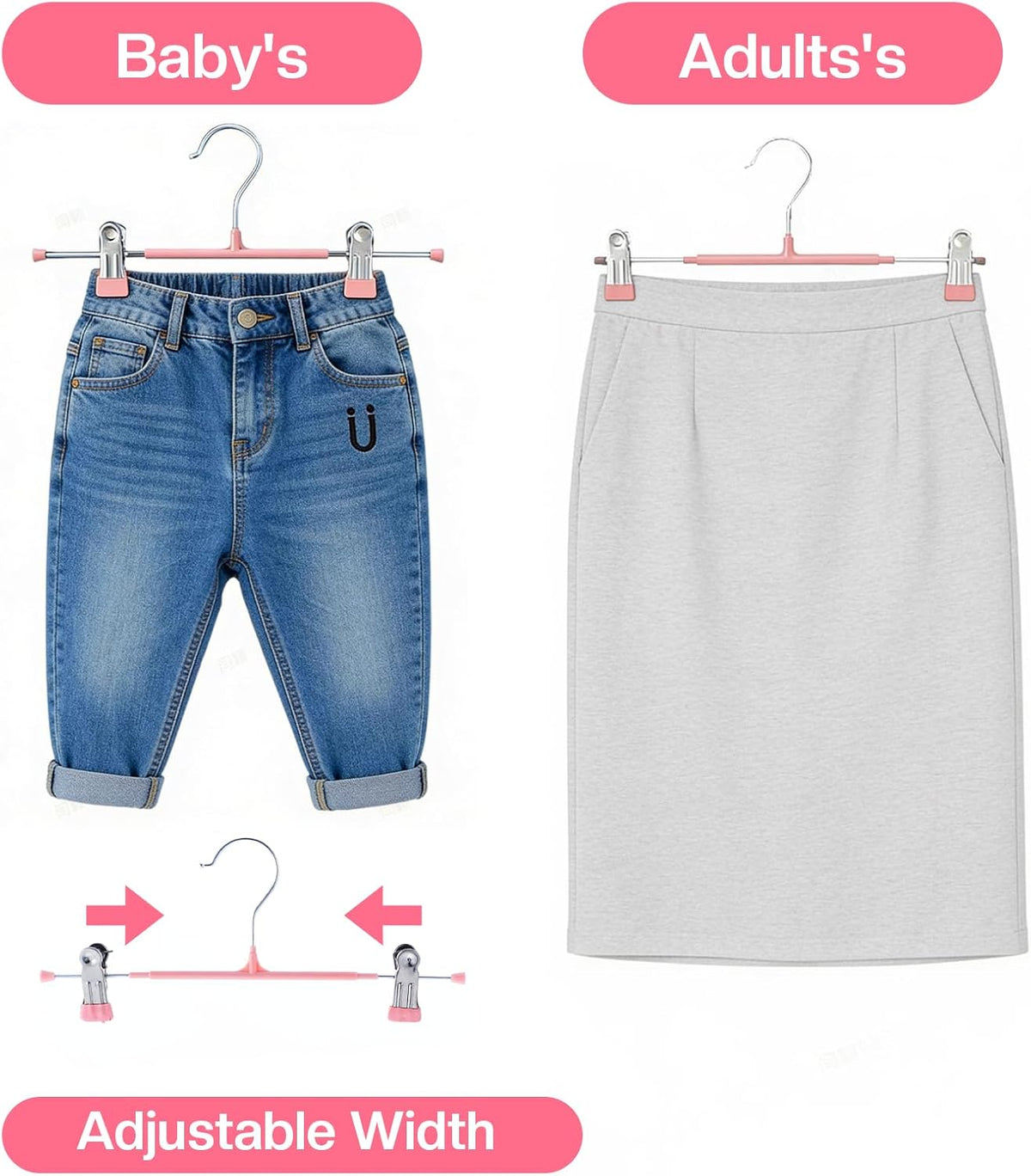 30Pcs Pants Hangers with Clips, Adjustable Skirt Hangers, Non-Slip Trousers Hanger, 360 ° Swivel Space Saving Hooks, Clothes Clips for Pants, Skirts, Clothes, Jeans (Pink)