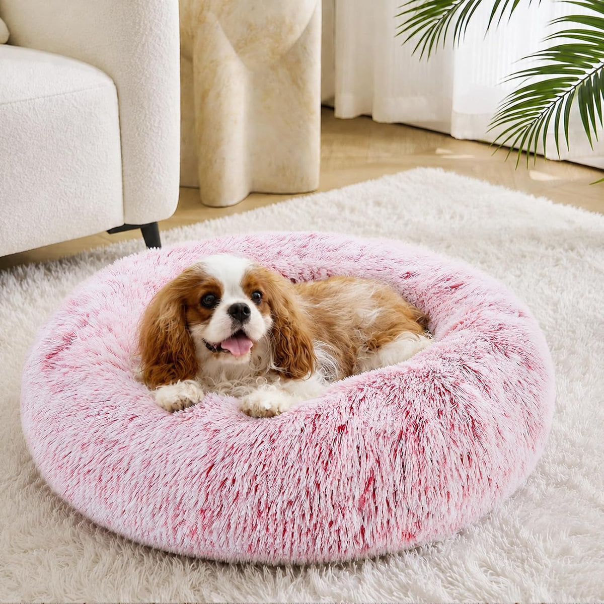 Calming Small Pink Dog & Cat Bed for Indoor Cats - 20 inches Washable Donut Bed for Kittens & Puppies, Anti-Anxiety Round Fluffy Plush Pet Beds (Fits up to 15 lbs, Smoke Pink)