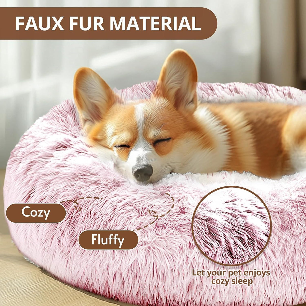 Calming Small Pink Dog & Cat Bed for Indoor Cats - 20 inches Washable Donut Bed for Kittens & Puppies, Anti-Anxiety Round Fluffy Plush Pet Beds (Fits up to 15 lbs, Smoke Pink)