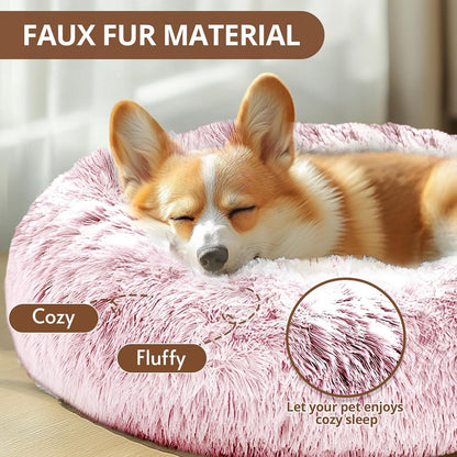 Calming Small Pink Dog & Cat Bed for Indoor Cats - 20 inches Washable Donut Bed for Kittens & Puppies, Anti-Anxiety Round Fluffy Plush Pet Beds (Fits up to 15 lbs, Smoke Pink)