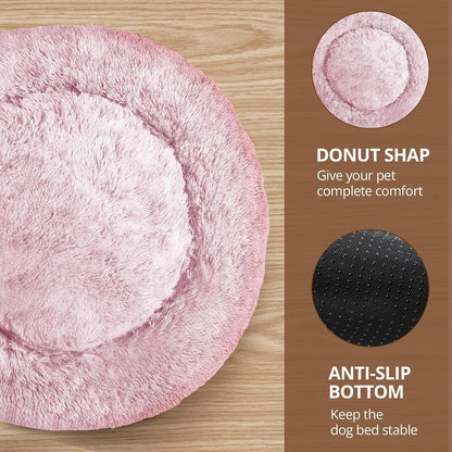 Calming Small Pink Dog & Cat Bed for Indoor Cats - 20 inches Washable Donut Bed for Kittens & Puppies, Anti-Anxiety Round Fluffy Plush Pet Beds (Fits up to 15 lbs, Smoke Pink)