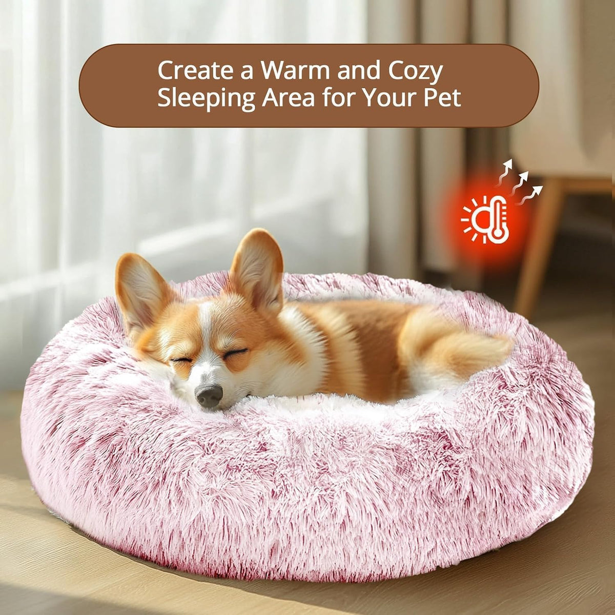 Calming Small Pink Dog & Cat Bed for Indoor Cats - 20 inches Washable Donut Bed for Kittens & Puppies, Anti-Anxiety Round Fluffy Plush Pet Beds (Fits up to 15 lbs, Smoke Pink)