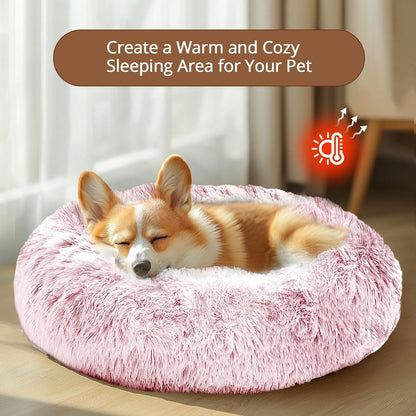 Calming Small Pink Dog & Cat Bed for Indoor Cats - 20 inches Washable Donut Bed for Kittens & Puppies, Anti-Anxiety Round Fluffy Plush Pet Beds (Fits up to 15 lbs, Smoke Pink)