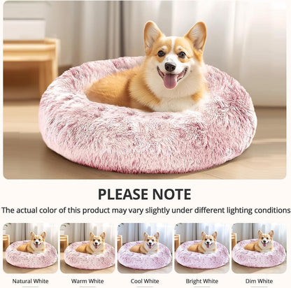 Calming Small Pink Dog & Cat Bed for Indoor Cats - 20 inches Washable Donut Bed for Kittens & Puppies, Anti-Anxiety Round Fluffy Plush Pet Beds (Fits up to 15 lbs, Smoke Pink)