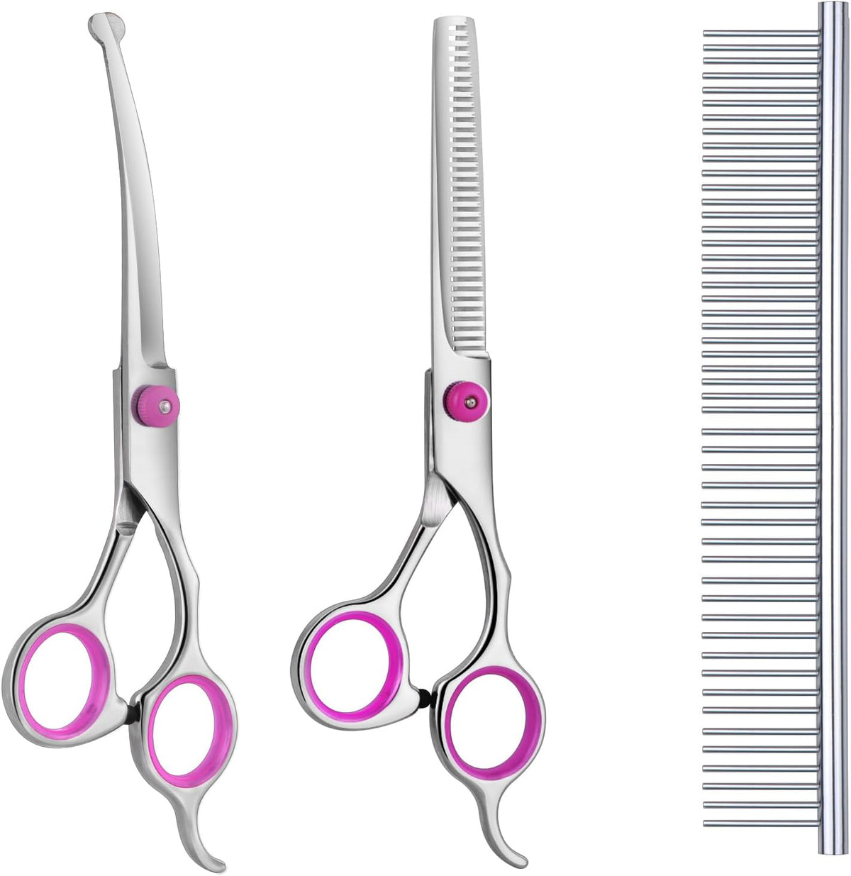 Dog Grooming Scissors with Safety Round Tips, Heavy Duty Titanium Pet Grooming Trimmer Kit, Professional Thinning Shears, Curved Scissors with Comb for Dogs and Cats (Pink Set of 3)