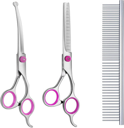 Dog Grooming Scissors with Safety Round Tips, Heavy Duty Titanium Pet Grooming Trimmer Kit, Professional Thinning Shears, Curved Scissors with Comb for Dogs and Cats (Pink Set of 3)