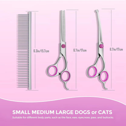 Dog Grooming Scissors with Safety Round Tips, Heavy Duty Titanium Pet Grooming Trimmer Kit, Professional Thinning Shears, Curved Scissors with Comb for Dogs and Cats (Pink Set of 3)