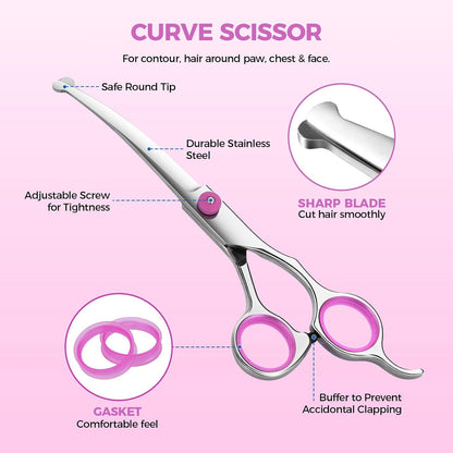 Dog Grooming Scissors with Safety Round Tips, Heavy Duty Titanium Pet Grooming Trimmer Kit, Professional Thinning Shears, Curved Scissors with Comb for Dogs and Cats (Pink Set of 3)